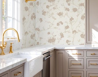 Neutral Bird Floral Wallpaper for Kitchen | Beige Chinoiserie Pattern | Peel and Stick Wall Decor