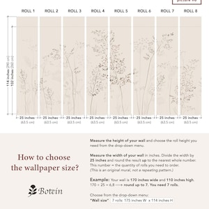 May include: Wallpaper sample with a beige background and a botanical design. The image shows eight vertical panels, each 25 inches (63.5 cm) wide. Text includes instructions on how to measure and order the wallpaper, with the brand name "Botein".