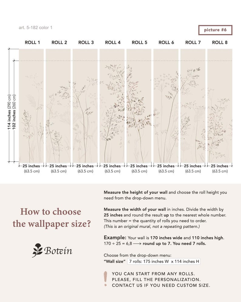 May include: Wallpaper sample with a beige background and a botanical design. The image shows eight vertical panels, each 25 inches (63.5 cm) wide. Text includes instructions on how to measure and order the wallpaper, with the brand name "Botein".