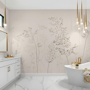 May include: A modern bathroom with a white freestanding bathtub, white vanity, and marble tile flooring. The wall features a beige mural with a botanical design. Gold-toned pendant lights hang above the tub, adding a touch of luxury.