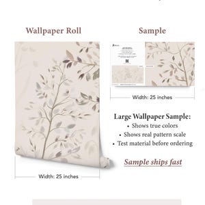 May include: A roll of wallpaper with a botanical design featuring branches and leaves in shades of beige, gray, and brown. The width of the roll is 25 inches. A sample of the wallpaper is also shown.