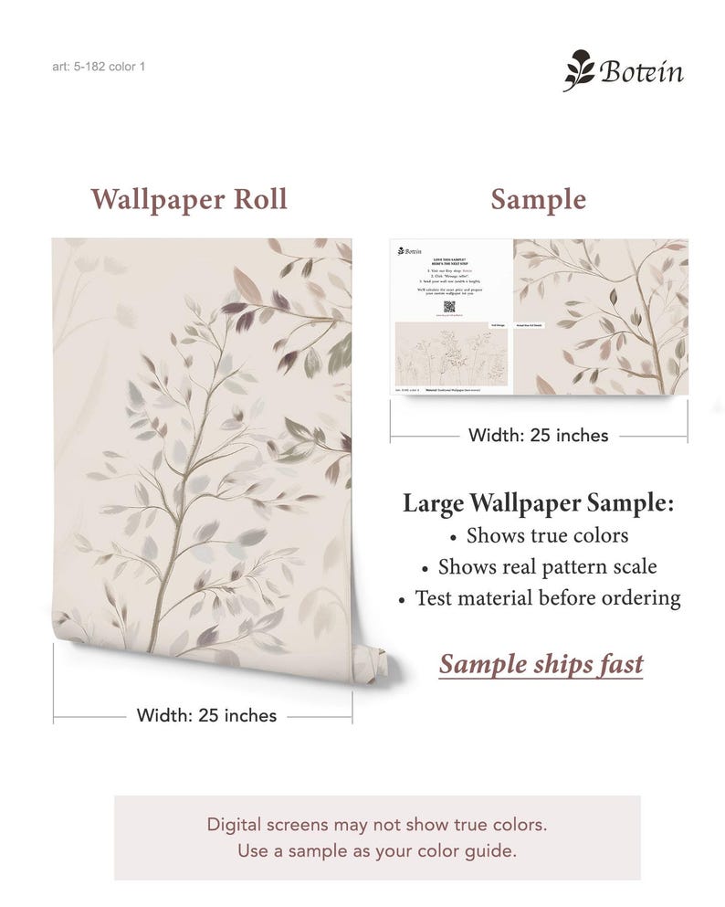 May include: A roll of wallpaper with a botanical design featuring branches and leaves in shades of beige, gray, and brown. The width of the roll is 25 inches. A sample of the wallpaper is also shown.