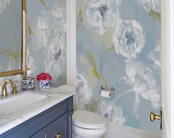 Blue Peony Wallpaper | Oversized Floral Wall Mural | Elegant Powder Room Decor