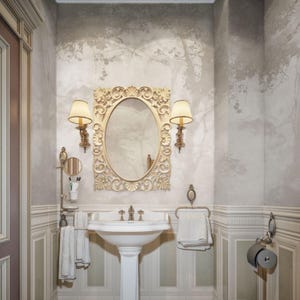 Moody woodland wallpaper in neutral tones for modern bathroom, foggy forest wall mural with soft light