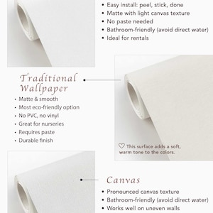 The image is a comparison between two types of wallpapered surfaces: peel and stick and traditional wallpaper.
