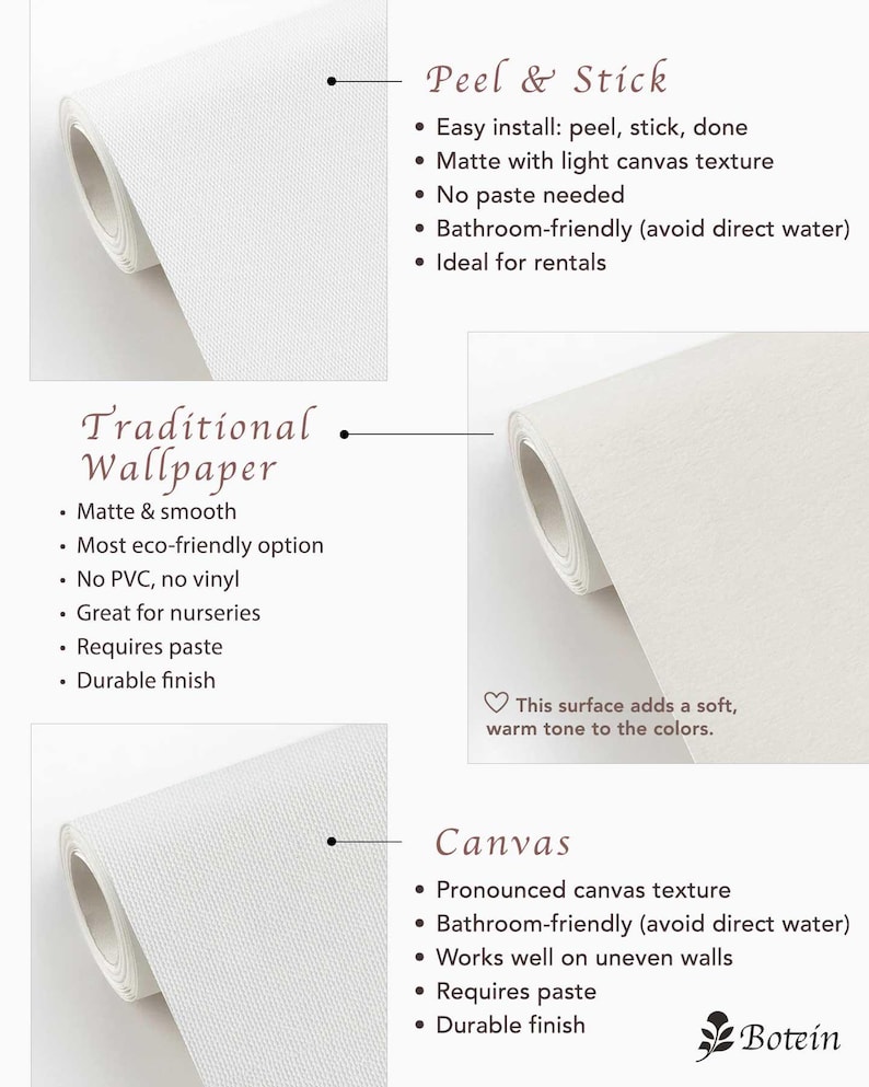 The image is a comparison between two types of wallpapered surfaces: peel and stick and traditional wallpaper.