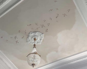 Beige Sky Wallpaper with Birds – Neutral Swallow Design for Ceiling or Wall – Cloud Print Peel & Stick Wallpaper, 7-145 color 1