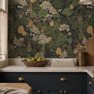 May include: Wallpaper featuring a dense forest pattern with various trees in shades of green, gold, and cream against a dark background. The design includes small white horses and figures scattered throughout the intricate, repeating woodland scene.