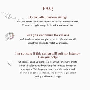 May include: A white background with text and illustrations. The text reads "FAQ" and answers questions about custom sizing and color customization for wallpaper. The Botein logo is at the bottom.