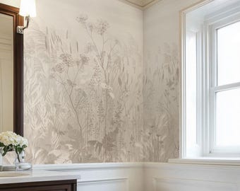 Bathroom wallpaper – Neutral botanical wall mural, peel and stick removable wallpaper for modern home & powder room decor, 5-102 color 4