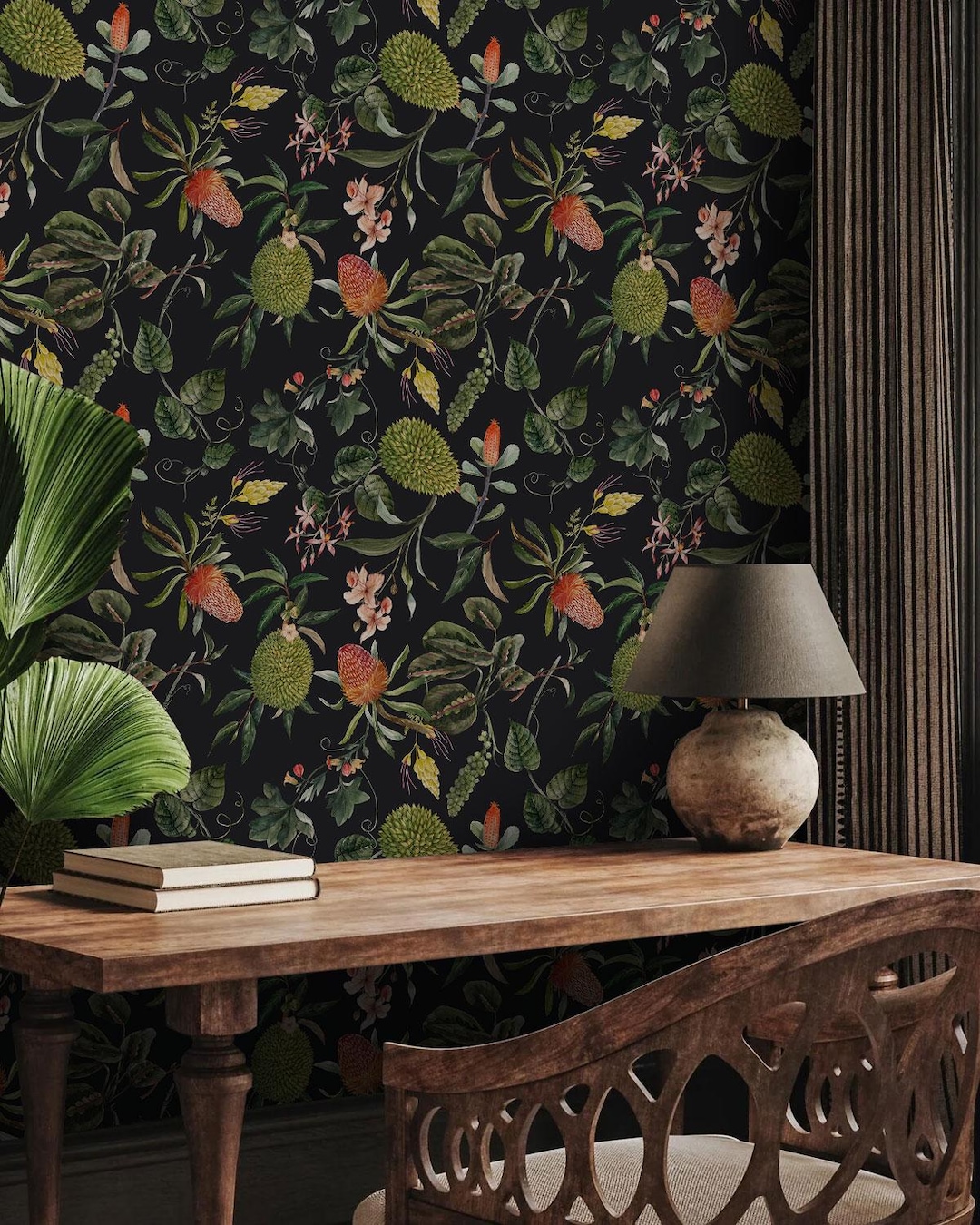 Botanical Wallpaper With Tropical Plants, Dark Floral Wall Covering for ...