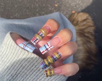Handmade Plaid Long Square Press On Nails with Gold