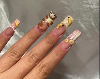 Handmade Monkey Press On Nails: Polka Dot Long Square Nail Art