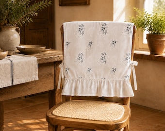 Funda para respaldo de silla con volantes florales / Funda para cojín de silla estilo cabaña / Protector de silla con aspecto de lino para todas las estaciones / Decoración de hogar estilo campestre francés