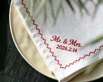 Servilletas de lino y algodón jacquard personalizadas, servilletas de tela con nombre bordado a medida para bodas.