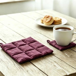 Quilted Pure Linen Placemat, Heat Resistant Padded Pot Holder with Hanging Loop, Custom Size