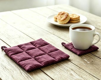 Mantel individual acolchado de lino puro, agarradera acolchada resistente al calor con asa para colgar, tamaño personalizado.