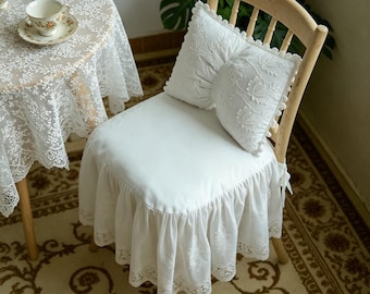 French Country Lace Ruffle Chair Cover, Shabby Chic White Embroidered Seat Cushion for Wedding Decor
