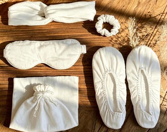Conjunto de pijama 100% lino: antifaz transpirable, diadema y zapatillas para mujer.