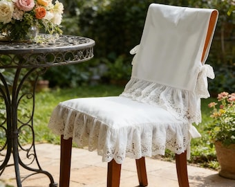 Protector de respaldo de silla de algodón liso con volantes, funda de comedor lavable con encaje, ropa de cama de estilo rústico francés.