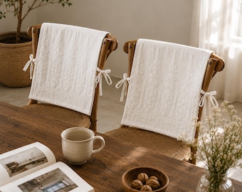 Funda de encaje para el respaldo de la silla, toalla de algodón y lino para silla, decoración para silla de comedor estilo rústico, funda para silla de cocina estilo cottagecore