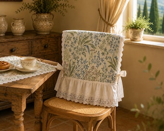 Franse gebloemde rugleuning stoel met kanten ruche |  Hoes eetkamerstoel | Rugleuningbeschermer vintage stijl | Aangepast formaat beschikbaar