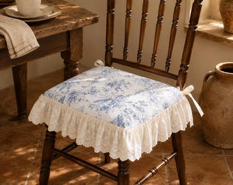 Cojín de algodón estilo campestre francés para silla con volante de encaje bordado, almohadilla para silla de comedor hecha a mano, cojín de asiento estilo granja, cojín con lazo