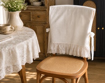 Witte katoenen kanten eetkamerstoelhoes | Hoes Franse cottage-stoel | Shabby Chic Eetkamerdecoratie | Aangepast formaat beschikbaar