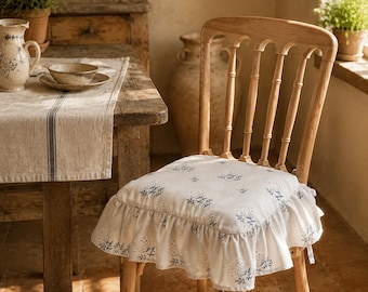 Cojín de asiento impermeable con volantes y estampado floral INS de 40/45 cm / Cojín de silla de bambú, algodón y lino con lazos / Funda para silla de comedor de estilo campestre francés / Para todas las estaciones