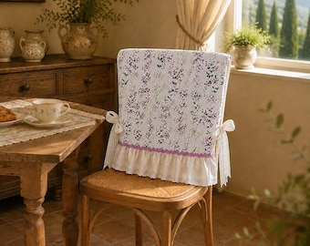 Floral Ruffle Chair Back Cover | Ins Style Cottage Chair Cushion Cover | All Season Linen Look Chair Protector | French Country Home Decor