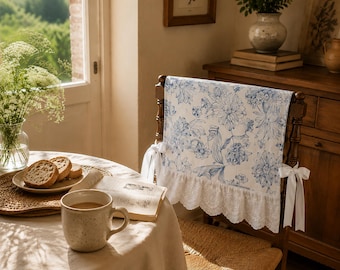 Funda de respaldo de silla de algodón con volantes de encaje y lazos / Funda bordada floral para silla de comedor / Decoración de silla estilo rústico francés vintage