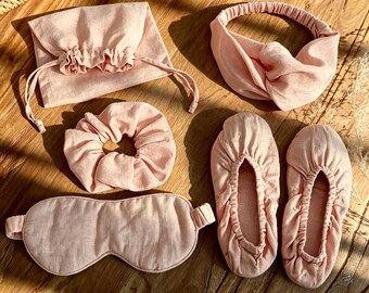 Set van 100% linnen slaaproze: ademend oogmasker, haarband, pantoffels dames