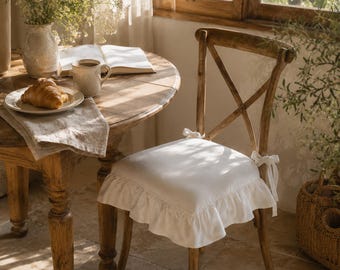 White Cotton Ruffle Dining Chair Cushion with Tie Straps | French Country Chair Seat Pad | Farmhouse Kitchen Chair Cushion | Chair Cover