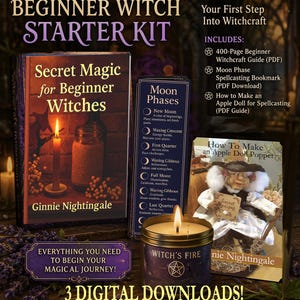Pode incluir: Um kit inicial para bruxas iniciantes com um livro intitulado "Secret Magic for Beginner Witches" e uma vela com o rótulo "Witch's Fire". O kit inclui downloads digitais e um guia de bruxaria.