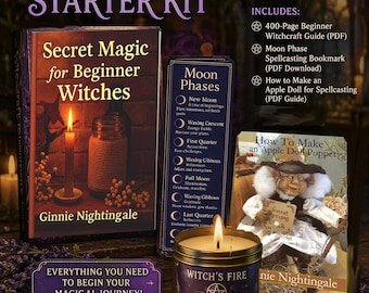 May include: A beginner witch starter kit with a book titled "Secret Magic for Beginner Witches" and a candle labeled "Witch's Fire." The kit includes digital downloads and a guide to witchcraft.