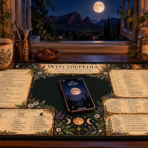 Könnte beinhalten: Eine rechteckige Schreibtischunterlage mit dem Titel Witchipedia: The Modern Witch's Desk, bedruckt mit Tabellen zu Mondphasen, Zauberabsichten und Kräuteranwendungen. Ein Smartphone mit Mond-Hintergrundbild liegt in der Mitte der dunkelgrünen Fläche.