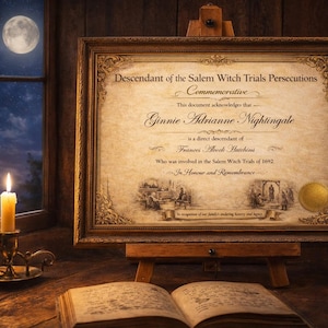 Puede incluir: Un documento conmemorativo enmarcado sobre un caballete, con el texto "Descendiente de los juicios por brujería de Salem". Una vela encendida en un candelabro de latón se encuentra cerca de un libro abierto. Una luna llena brilla a través de una ventana.