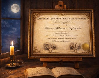 Salem Witch Trials Descendant Certificate * Personalized Made To Order PDF DOWNLOAD! Plus Free Gift of "Secret Magic for Beginner Witches*