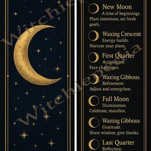 May include: A dark blue and gold decorative bookmark featuring the phases of the moon. The left side has a gold crescent moon and stars. The right side lists the moon phases with descriptions, including "New Moon" and "Full Moon".