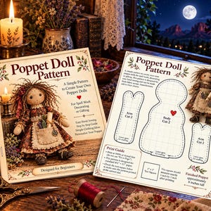 May include: A Poppet Doll Pattern booklet and a printed instruction sheet featuring a doll illustration, body and arm cut-out templates, a 1-inch test square, and text detailing a finished doll height of approximately 8 inches for beginner crafters.