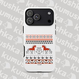 May include: White phone case with a decorative pattern featuring red horses, black and red geometric shapes, and a tree-like design. The case has a black border and a camera cutout.