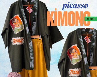 Kimono desenhado à mão – Jaqueta de linho inspirada em Picasso – Robe de arte vestível Boho