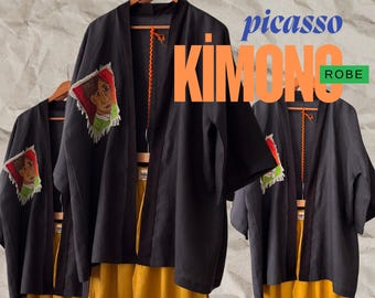 Jaqueta quimono de linho feita à mão: robe boho estilo Picasso, arte vestível