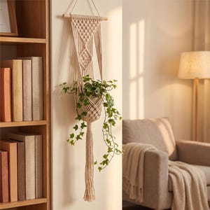 May include: A cream-coloured macrame plant hanger suspended from a wooden dowel, featuring intricate knotted patterns and a long fringe. A green ivy plant is nestled inside the woven basket section, with trailing vines extending downwards.