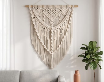 Tapiz de macramé estilo bohemio para colgar en la pared, decoración de pared con flecos para sala de estar y dormitorio, regalo de arte textil de estilo artesanal.