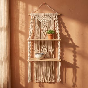 May include: A macrame wall shelf with two wooden shelves. The shelf is made of natural-coloured cotton rope and features a geometric design. A small potted succulent and a decorative bowl are displayed on the shelves. The shelf is hanging on a peach-coloured wall.