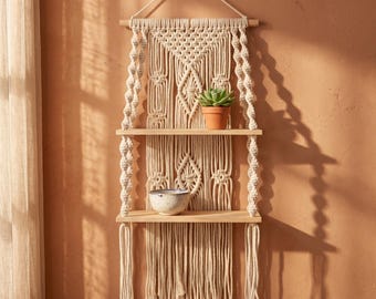 Estante colgante de macramé para pared, estante flotante estilo boho, decoración boho para sala de estar, estantes para cuarto infantil, almacenamiento de tapices hechos a mano, regalo para ella.