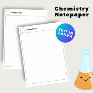 以下が含まれることがあります： 上部に「Hexagonal Paper」というテキストが入った、六角形の化学ノート用紙の白いシートが2枚。オレンジ色の液体と笑顔の顔が入った漫画のビーカーが右側にあります。「Chemistry Notepaper」というテキストが上部にあります。
