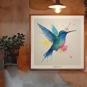 Hummingbird Watercolor Print – Colorful Wall Art | Modern Bird Poster | Vibrant Nature Decor | Art Print