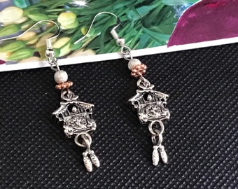 Cuckoo Clock Earrings, 925 Sterling Silver Wires